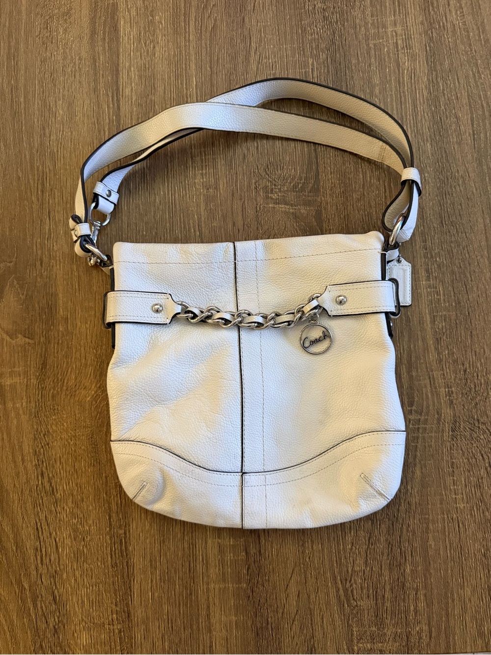 Coach Pebble Leather Chain-Trim Shoulder Bag in Cream